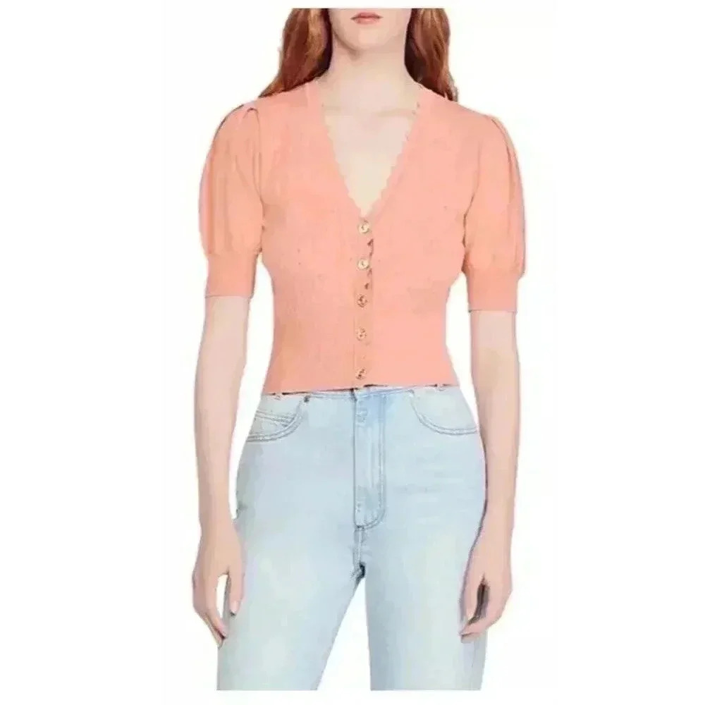 Sandro Passiflore Pointelle Short Sleeve Cardigan Salmon/Pink Size xs/s/1 - Picture 5 of 15